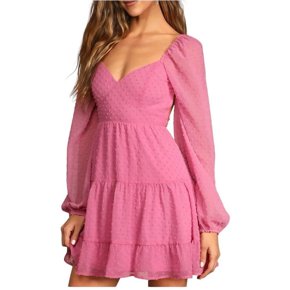 Lulus Longing And Love Pink Swiss Dot Puff Long Sleeve Mini Dress Size Medium